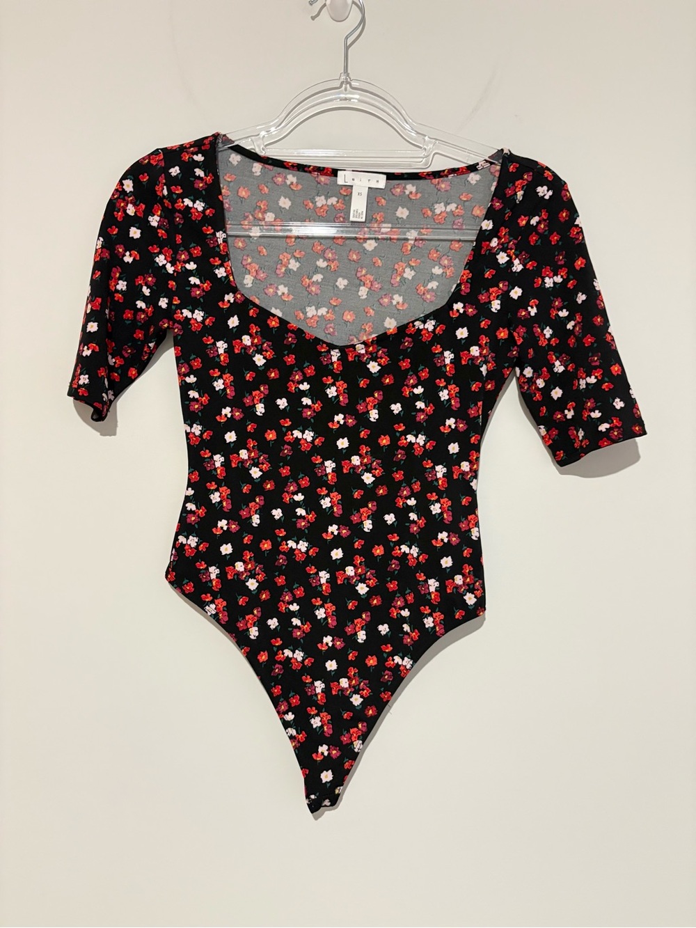 Leith Floral Sweetheart Neck Thong Bodysuit black size XS‎